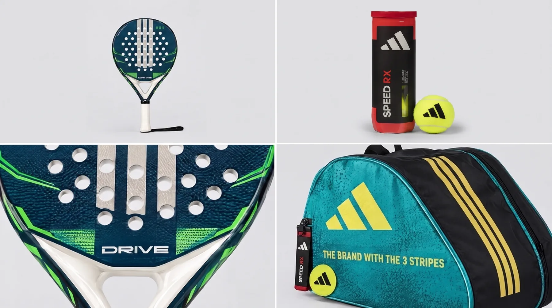 Product sheet with the padel racket, adidas ball, ball tube and bag